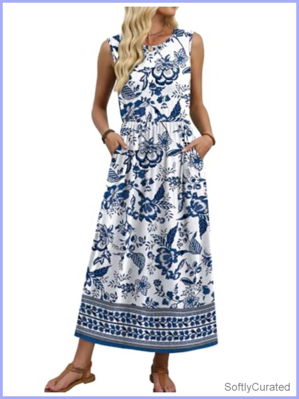 Sleeveless Maxi Dress with Pockets Crew Neck A-Line Flowy Sundress - Picture 2 of 4